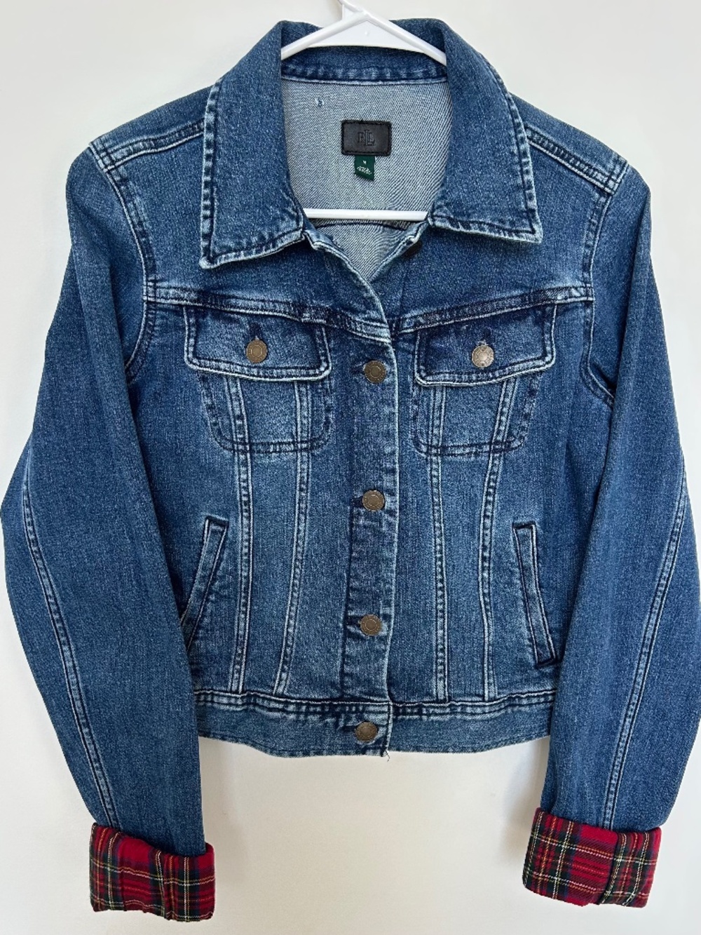 NWOT Lauren Ralph Lauren Denim Trucker Jacket Plaid Cuffed Women's Size M Flaw